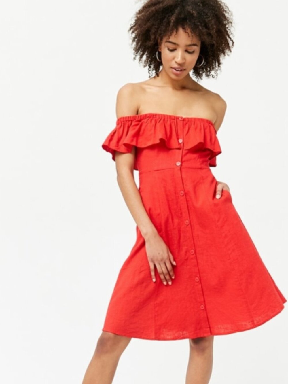 Red off-the-shoulder midi dress. Size S